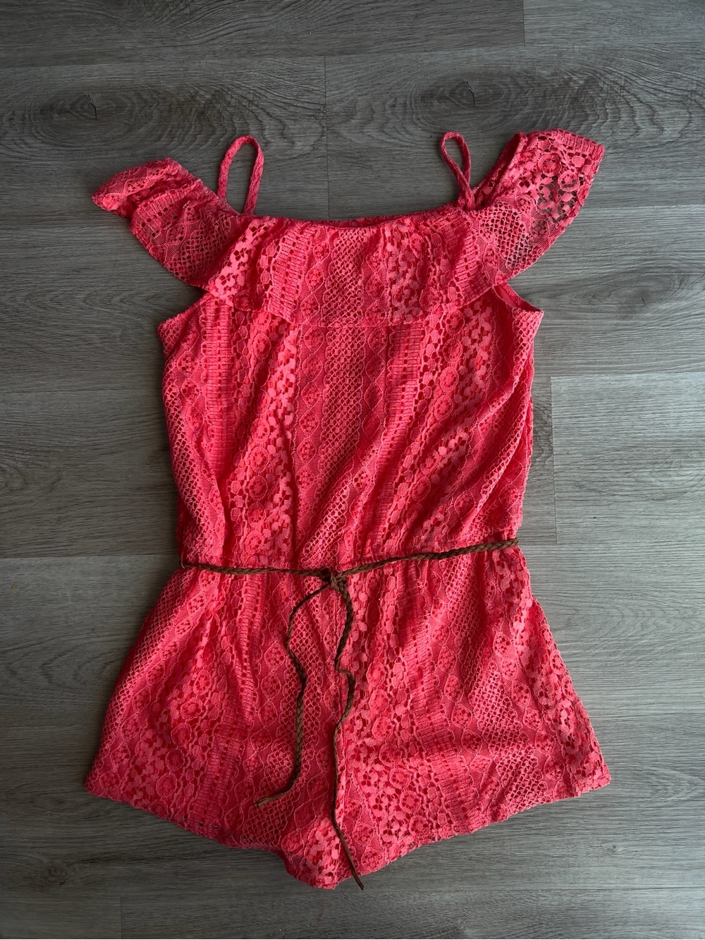Justice Girls Ruffle Coral Lined Lace Belted Romper Size 20 Off Shoulder